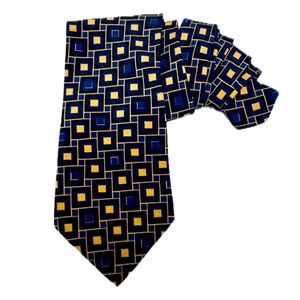 Hugo Boss classic geometric foulard silk tie, navy blue/yellow squares, 57 1/2”